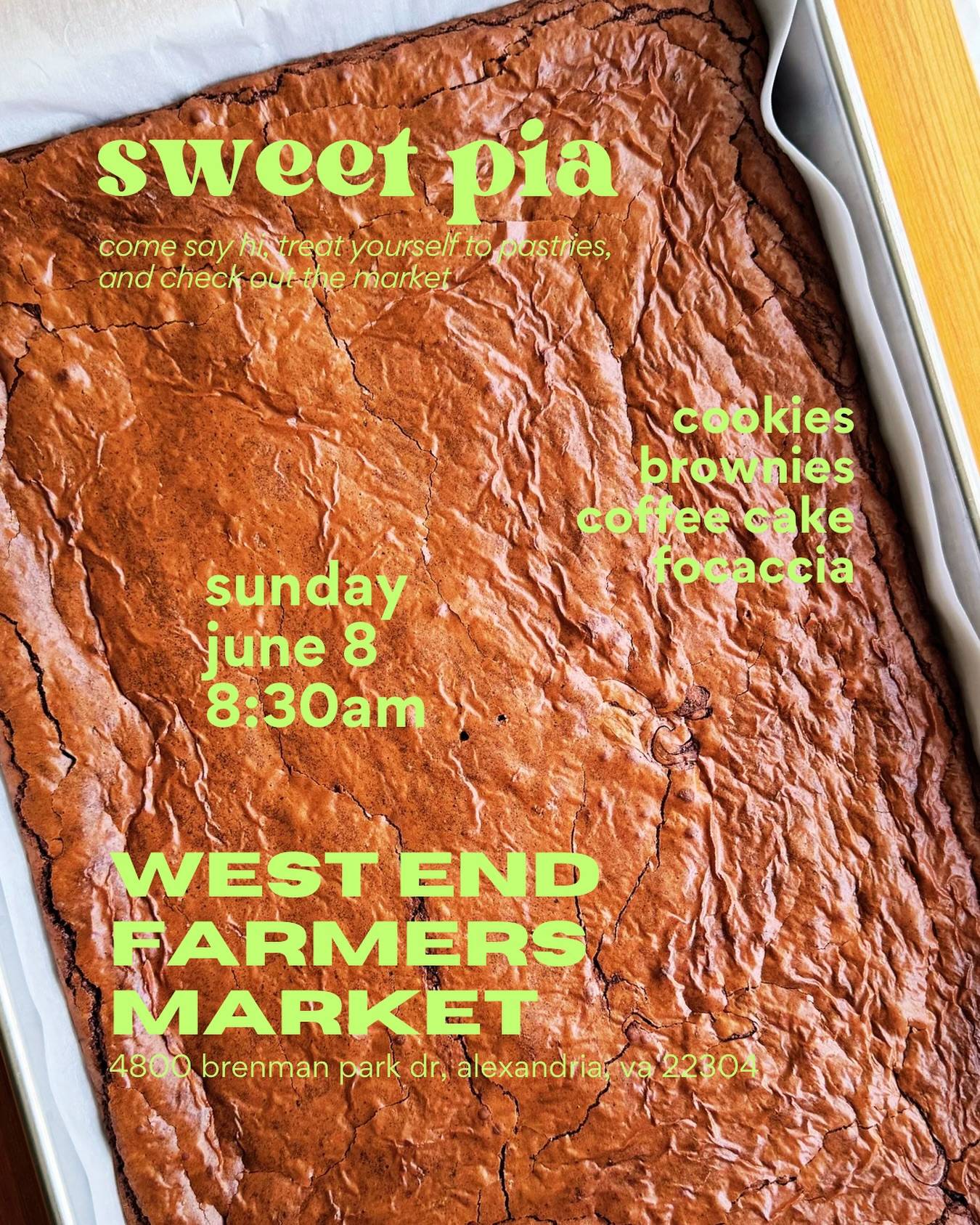 See you today at the farmers market!

We’re bringing back cardamom coffee cake, ube coconut pound cake, and cookie packs!

Come visit to get your weekly veggies, locally roasted coffee, and baked goods from all our vendors. Bring an umbrella or raincoat in case of rain. 

West End Farmers Market
4800 Ben Brenman Park (in the parking lot)
8:30 AM - 1:30 PM