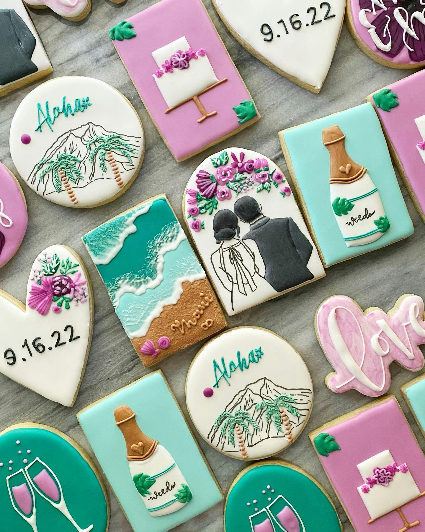 Now that the event has passed, it’s safe to post these wedding cookies made for a destination wedding! 🏝️

📦 While I don’t offer shipping, I can provide shipping materials and packaging to keep your cookies extra safe if you ship or travel with them, just let me know!

✈️ These cookies were wrapped in lots bubble wrap and rode with the customer on the long plane trip to Hawaii 
.
.
.
.
.
#dmvfoodie #northernvirginia #northernva #alexandriava #annandaleva #arlingtonva #novafoodies #shopsmall #novacookies #cookiedecorating #customcookies #decoratedcookies #sugarcookies #royalicing #cookieartist #designercookies #decoratedsugarcookies #hawaiiwedding #weddingcookies #herecomesthebride #destinationwedding