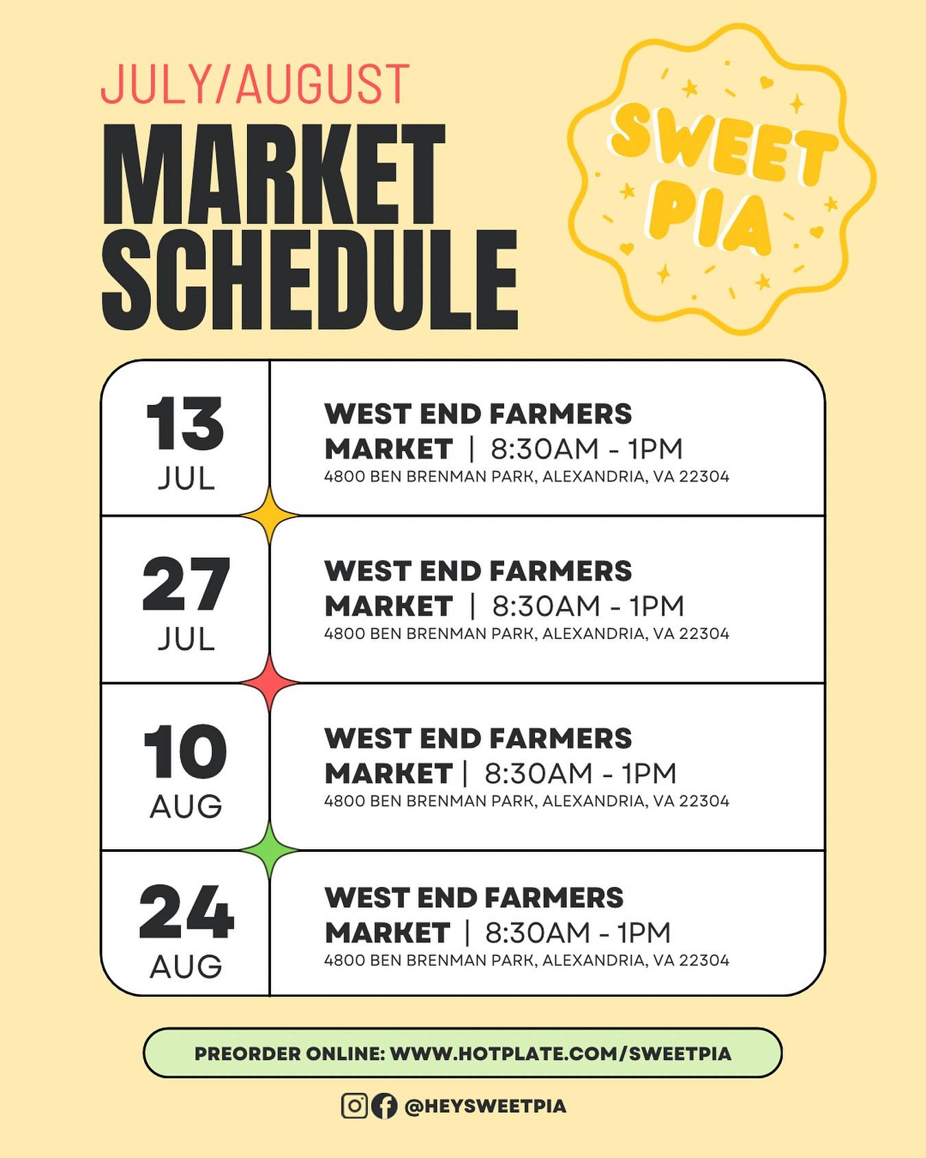 Hello July! ☀️

Closing the chapter on a whirlwind June! It all seemed to pass by in the blink of an eye. However, I still had time to brainstorm some new summery menu items I think you’ll enjoy!

As we enter into summer proper, I’m adding 2 more farmers market dates to July and August, so mark your calendars and make plans to see us! We’ll be there rain or shine in the bright yellow tent. 

📌 West End Farmers Market | 4800 Ben Brenman Park
🔗 Preorder on Hotplate: www.hotplate.com/sweetpia/ 
(link also in bio)

See you out there!