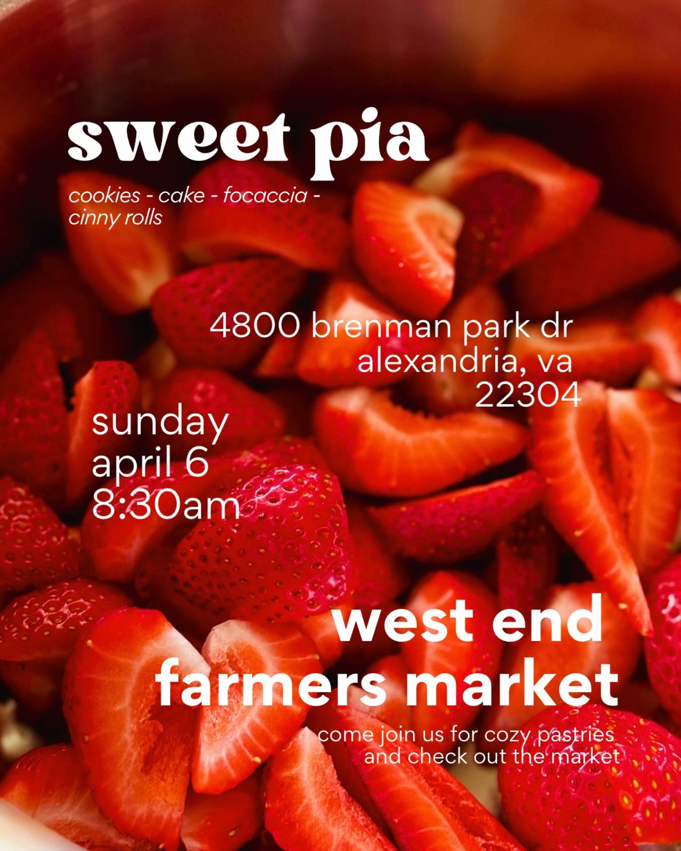 Come out to the West End Farmers Market for fresh baked goods! Rain or shine I’ll be out there with cookies, cakes, cinnamon rolls, and more. 

West End Farmers Market | @wefmva
Sunday, 4/6 8:30am to 1pm

~~ MENU~~~
belgian chocolate chunk cookies

nutty spiced carrot cake
brown butter miso brownies

pancetta and chives focaccia
pistachio raspberry cinnamon rolls

See you there!