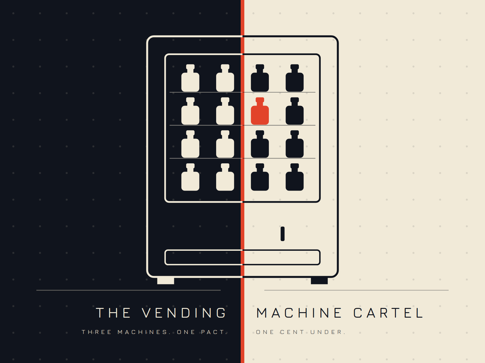 Flat illustration of a vending machine split by a thin red line. The left half is cream on a dark background, the right half is dark on cream. In a grid of identical bottles, one bottle is red.
