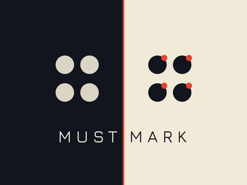 Four plain circles on a dark panel face four matching circles on a cream panel, each carrying a small red tag. A thin red line divides the halves. The words MUST MARK cross the divide.