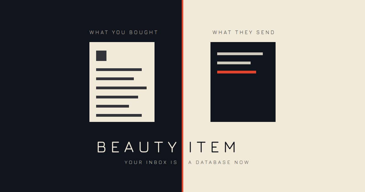 A detailed receipt on a dark panel beside a stripped-down receipt on a cream panel with a red bar replacing the product line, under the words BEAUTY ITEM.