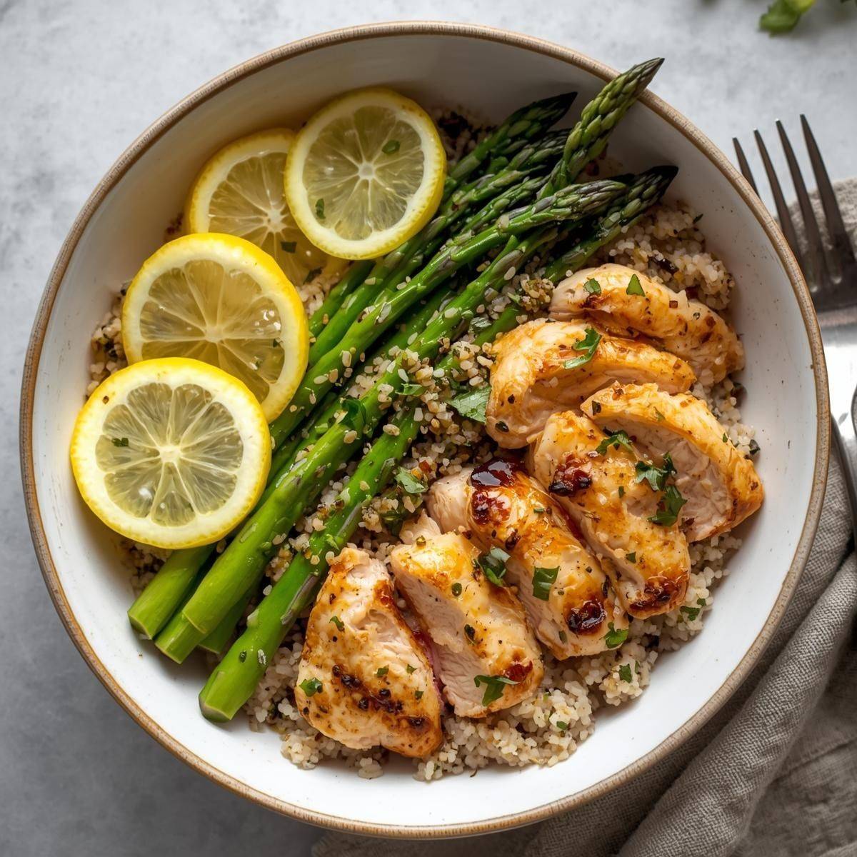 warm quinoa + sautéed asparagus + lemon + olive oil + grilled chicken