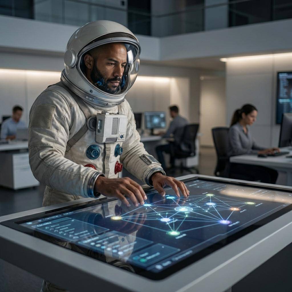 Astronauta em traje espacial interage com tela interativa exibindo um diagrama de rede em escritório moderno.
