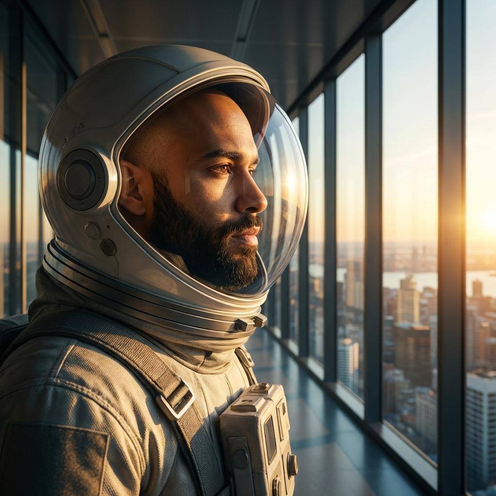 Um astronauta barbudo com capacete e traje espacial, olhando pela janela um pôr do sol sobre a cidade.