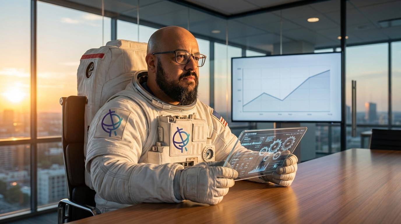 Astronauta de óculos e barba, vestindo traje espacial com logotipo, sentado em um escritório. Ele analisa um tablet transparente com gráficos diante de uma janela com pôr do sol.