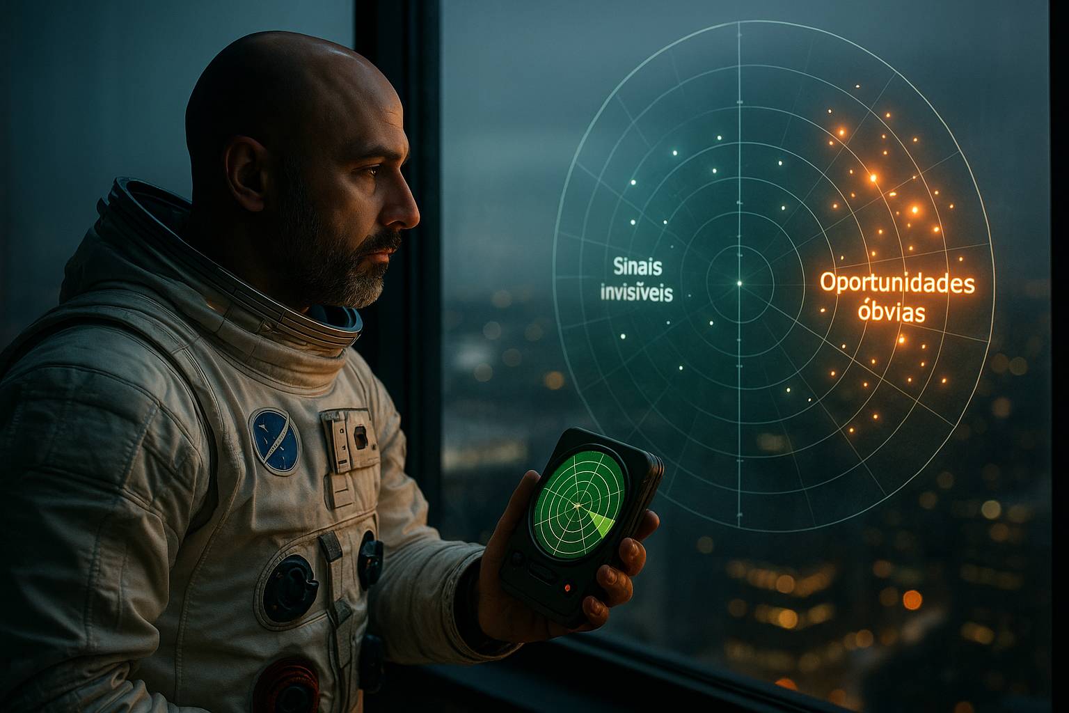 Astronauta olhando pela janela com um radar portátil, diante de um holograma mostrando ‘Sinais invisíveis’ e ‘Oportunidades óbvias’.