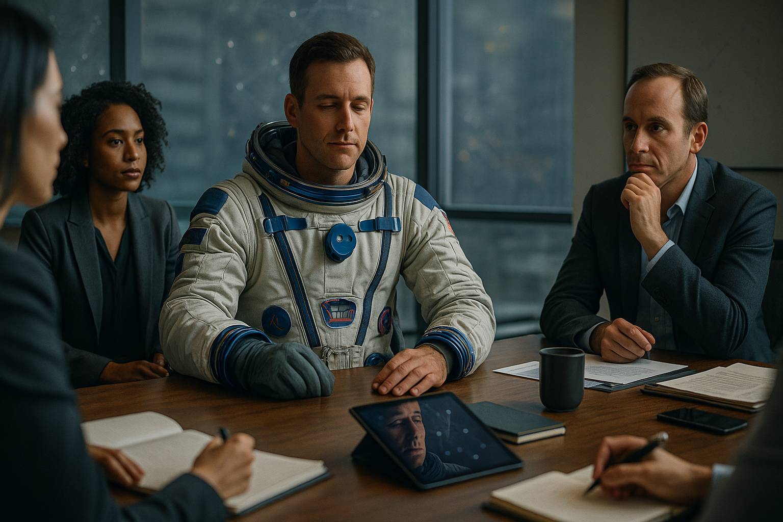 Astronauta lidera reunião corporativa, simbolizando autoconhecimento e liderança autêntica.