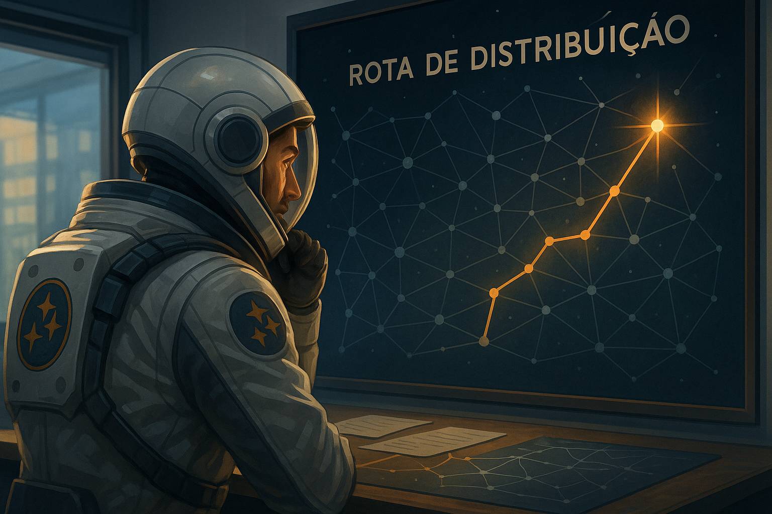 Astronauta observando um painel com a rota de distribuição destacada como um caminho luminoso entre pontos conectados.