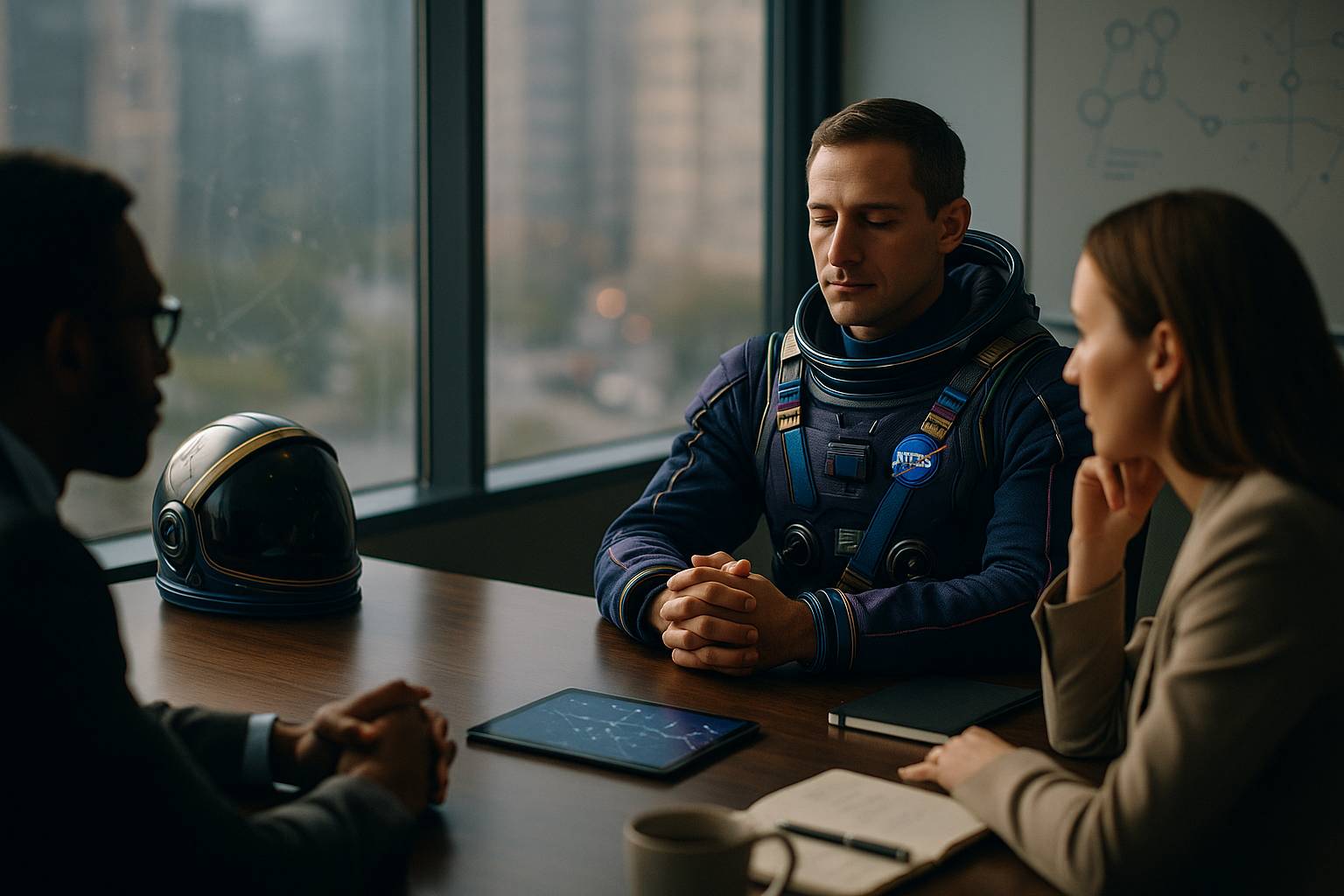 Astronauta em traje moderno participa de conversa inspiradora com equipe em escritório iluminado por luz natural.