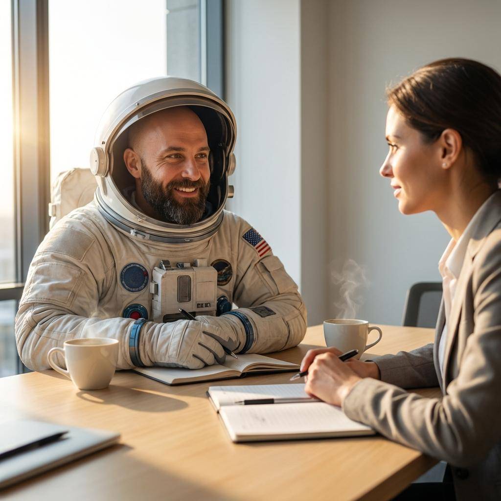 Um astronauta de barba e uma mulher de negócios conversam à mesa de um escritório com cadernos e café.