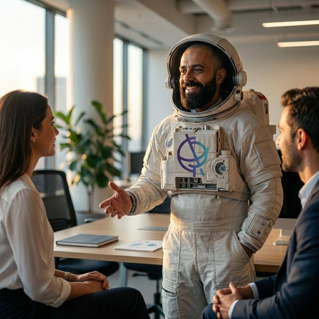 Homem barbudo de traje espacial sorri e gesticula para dois colegas em uma reunião de escritório.