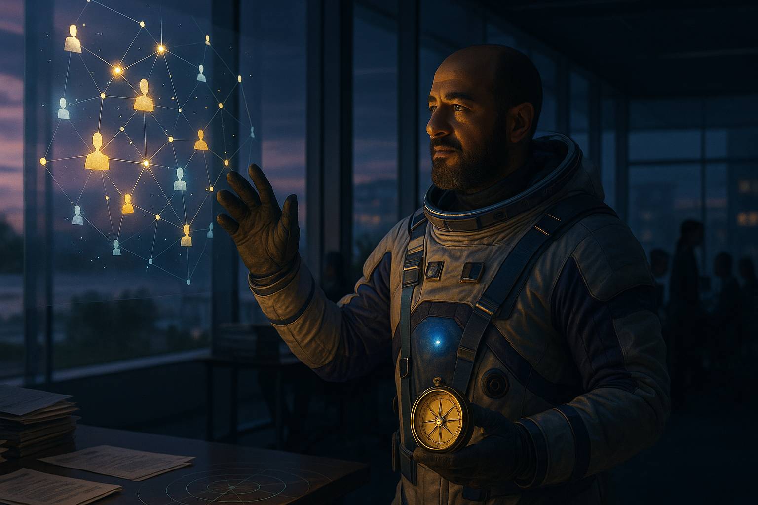 Astronauta com sua aparência, em escritório moderno ao amanhecer, segurando uma bússola iluminada enquanto observa um painel com pessoas conectadas como constelações.