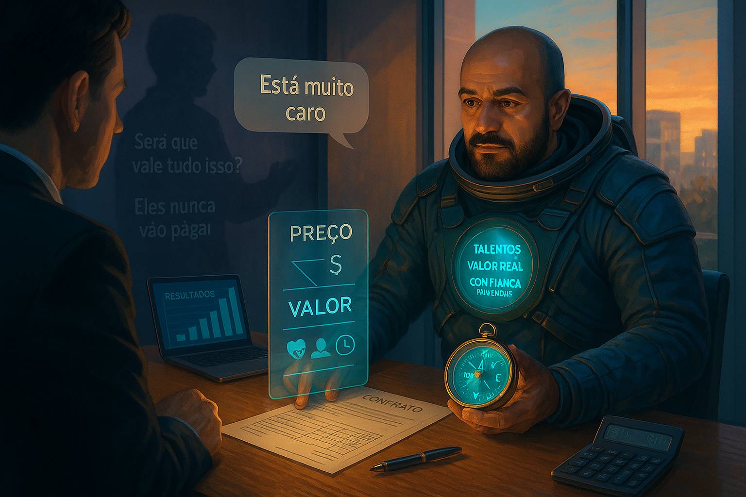 Astronauta negociando com cliente, segurando bússola iluminada diante de um painel de preço vs. valor, enquanto a frase ‘Está muito caro’ aparece na cena.