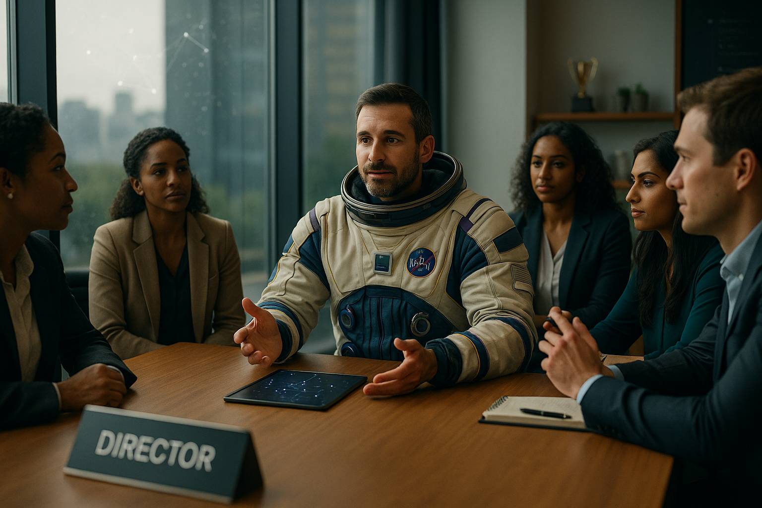 Astronauta conduz reunião inspiradora enquanto placa de “Diretor” desfocada simboliza liderança autêntica além do título.