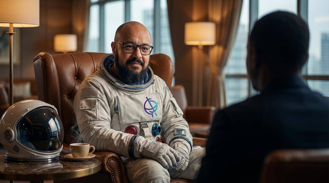 Homem vestindo traje espacial sentado em uma poltrona de couro, conversando com um executivo em uma sala de reuniões elegante