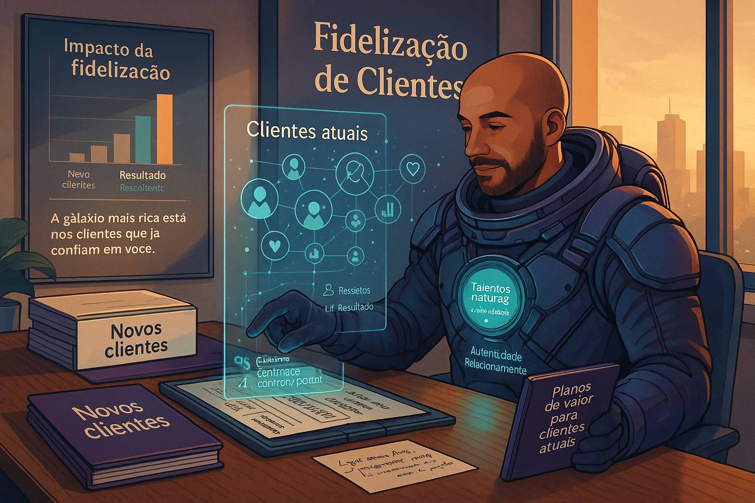 Astronauta com sua aparência analisando um painel holográfico de clientes atuais em um escritório, com livros de ‘Novos clientes’ ao lado e gráficos de fidelização na parede.