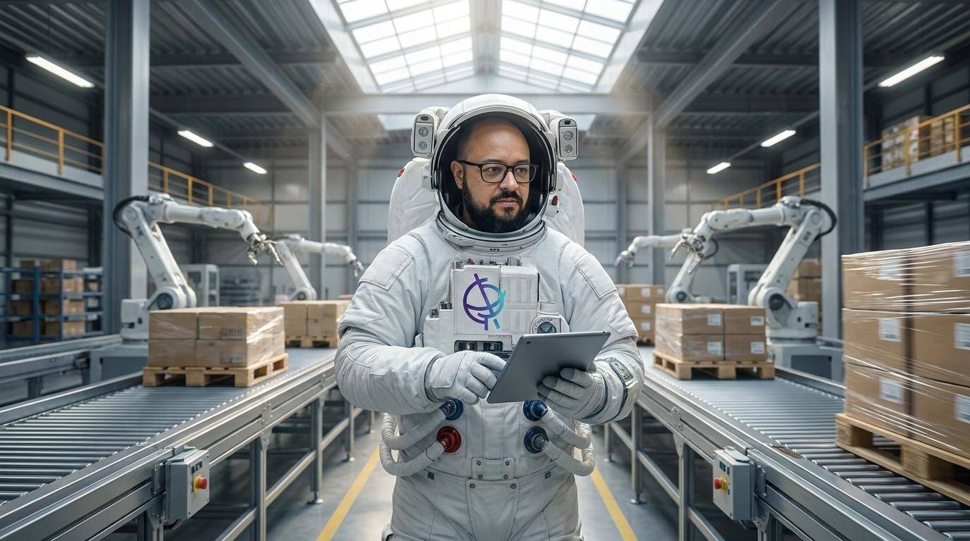 Homem vestindo traje espacial em um armazém automatizado com robôs e esteiras, segurando um tablet.