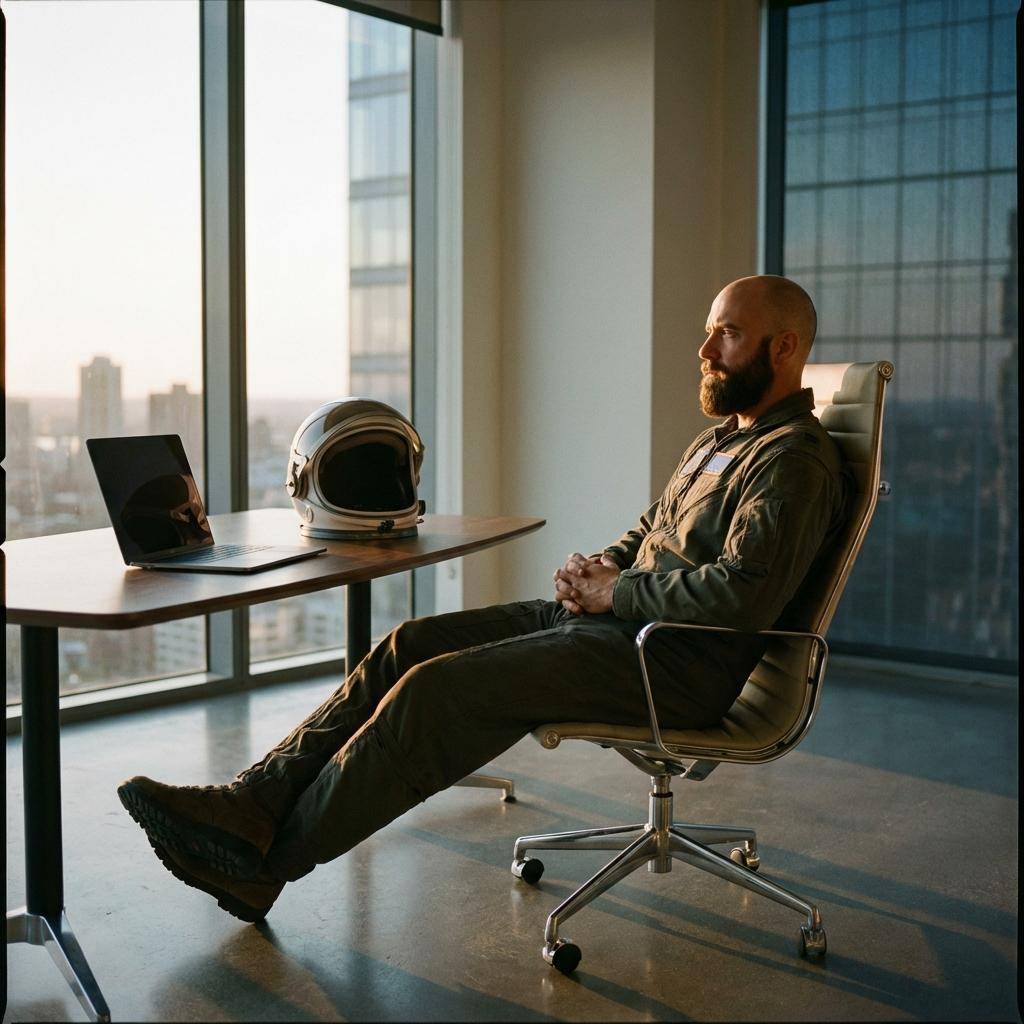 Homem barbudo de macacão de voo sentado em cadeira de escritório, olhando pela janela de arranha-céu ao pôr do sol.