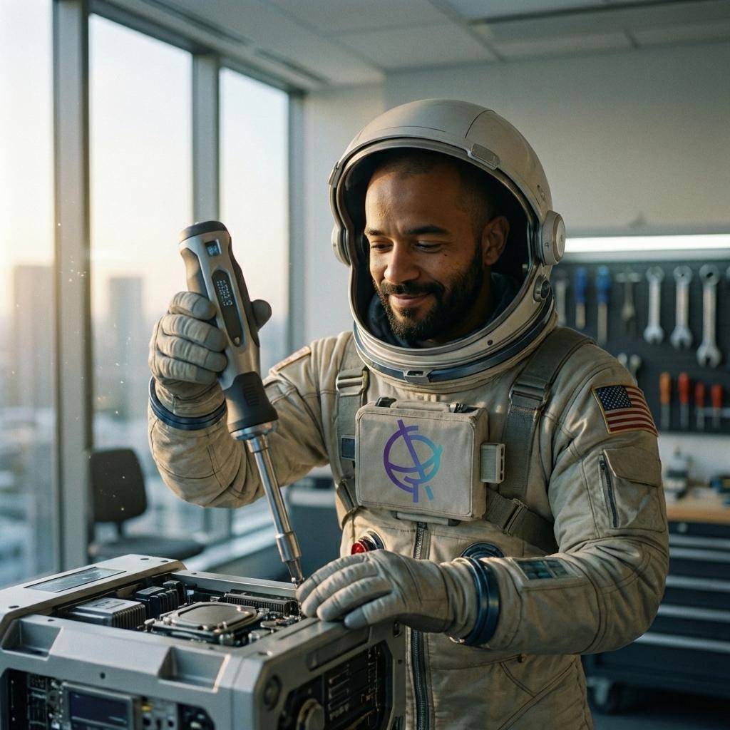 Astronauta sorrindo usa chave de fenda elétrica para trabalhar em hardware de computador em uma bancada.