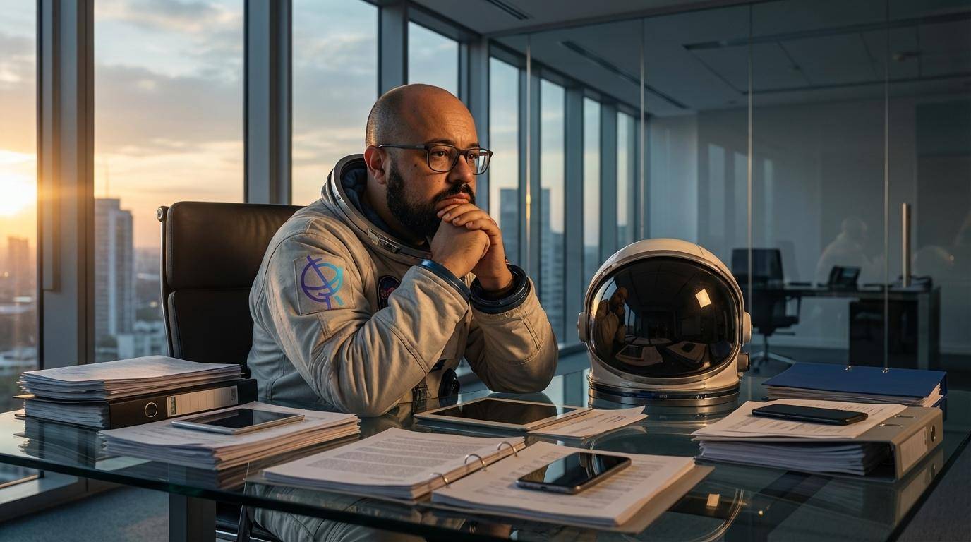 Homem com barba e óculos vestindo traje de astronauta, sentado em um escritório moderno com vista para a cidade ao pôr do sol, em pose pensativa com o capacete sobre a mesa.