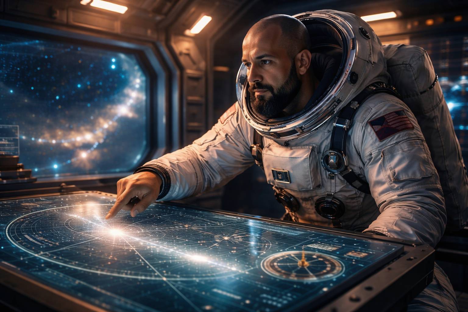 Astronauta barbudo dentro de nave espacial analisando mapa estelar holográfico iluminado, simbolizando clareza e direção estratégica.