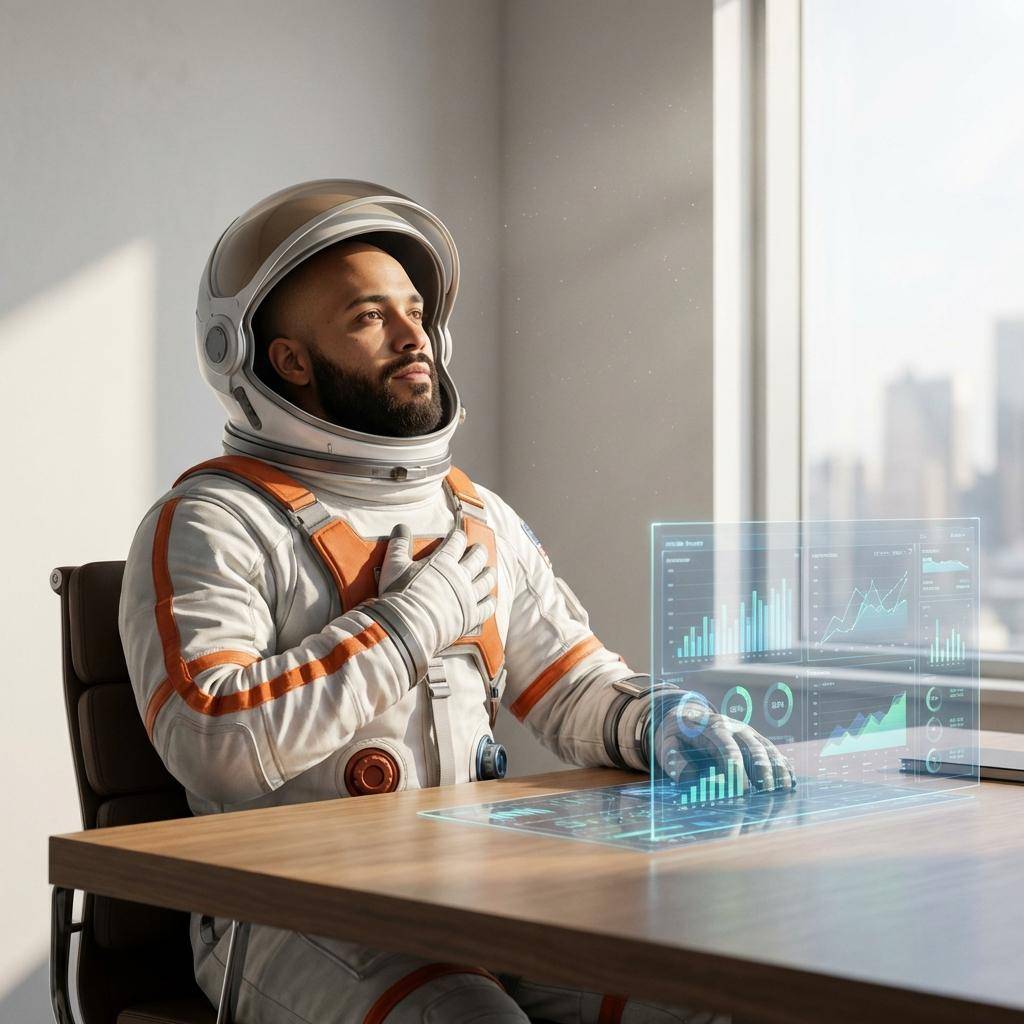 Astronauta barbudo, de traje espacial branco e laranja, sentado em mesa de madeira com interface holográfica de gráficos.