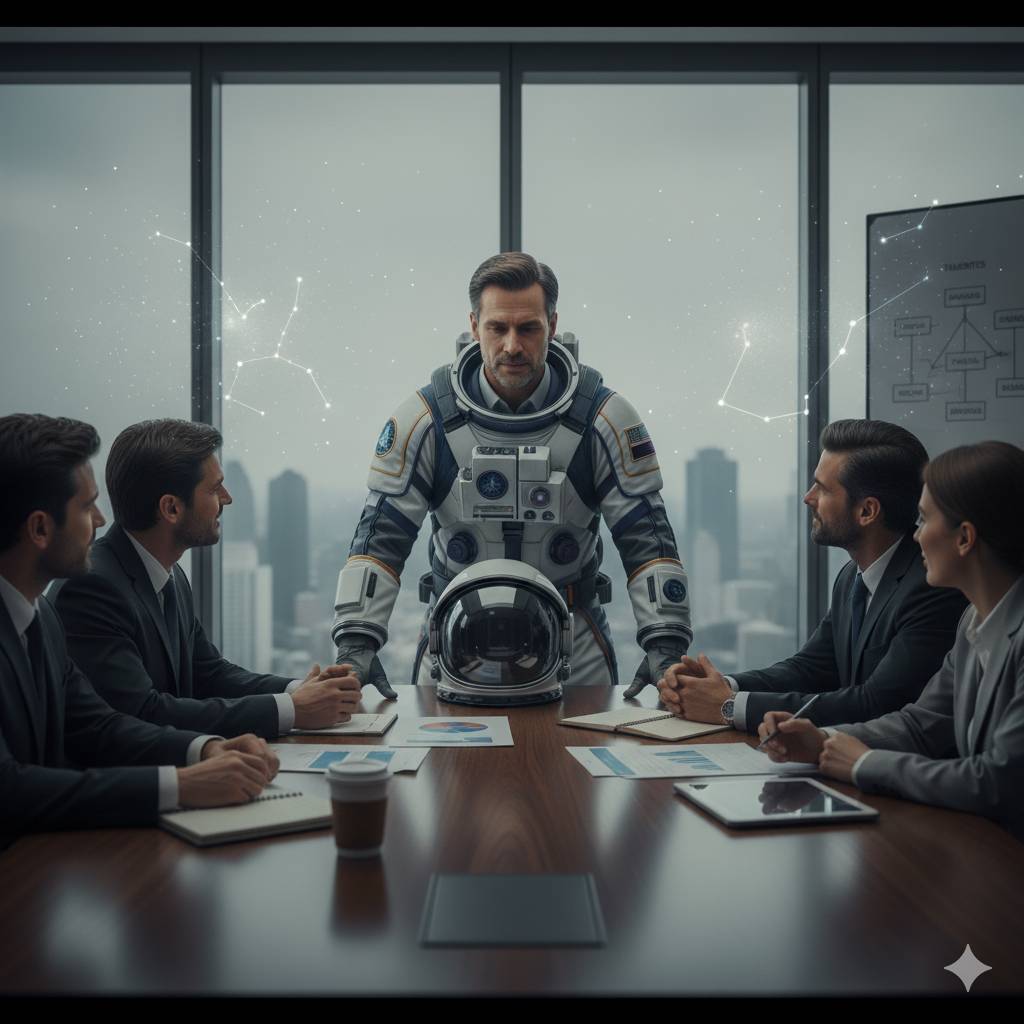 Astronauta em uma sala de reuniões falando com vendedores