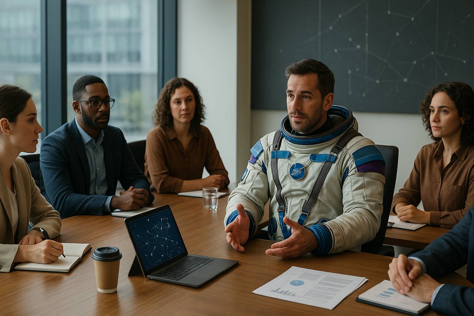 Astronauta sem capacete liderando equipe em sala de reunião moderna.