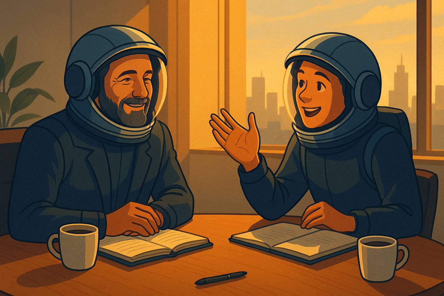 Astronauta com aparência semelhante à da foto conversa com dois clientes em um escritório iluminado pelo sol, transmitindo conexão e clareza.