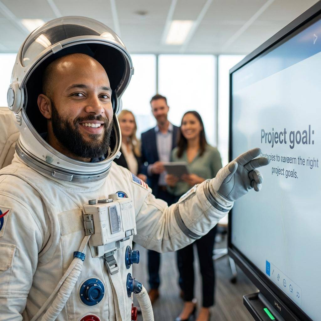Astronauta sorri e aponta para tela com "Project goal: strategies to achieve the right project goals.". Colegas ao fundo.