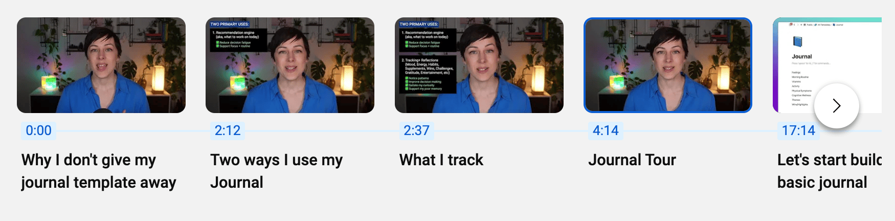 The chapters of Marie's Notion Journaling + Tracking YouTube video.