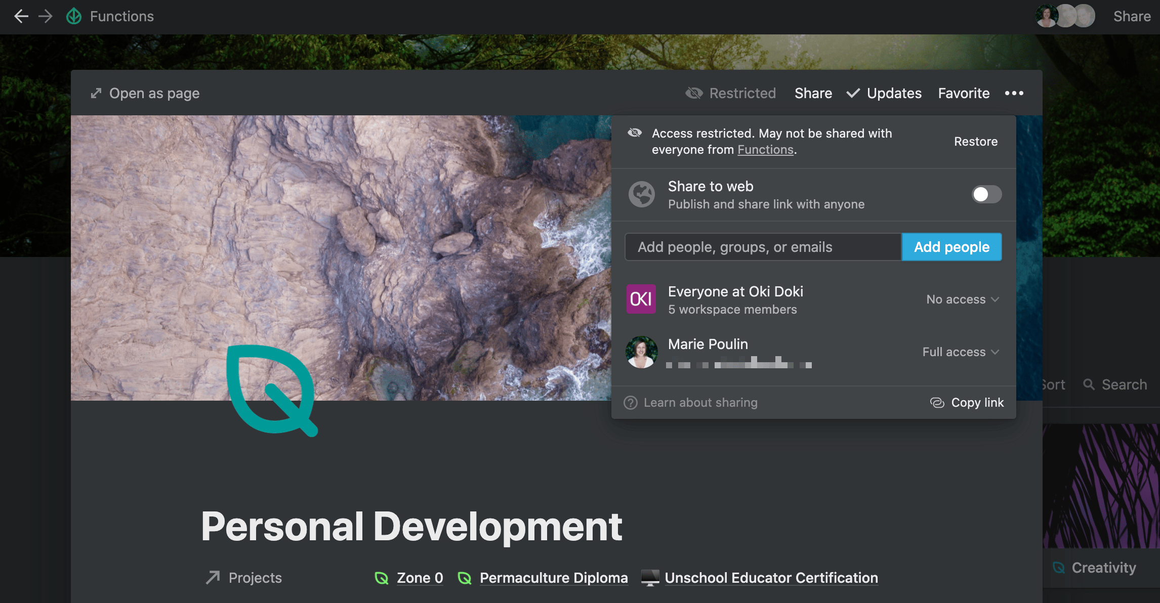 Snapshot of Personal Development entry permissions