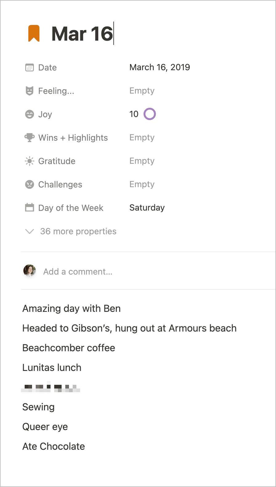 A journal entry from 2019 showing 7 properties in a Notion database.