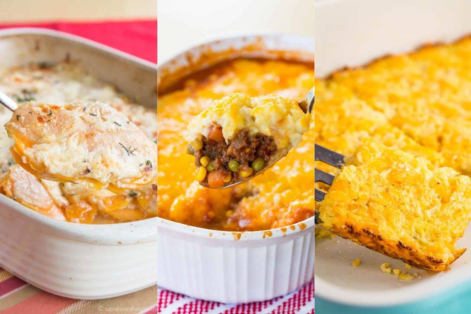 A collage of scalloped sweet potatoes, shepherd's pie, and cauliflower hashbrown casserole.