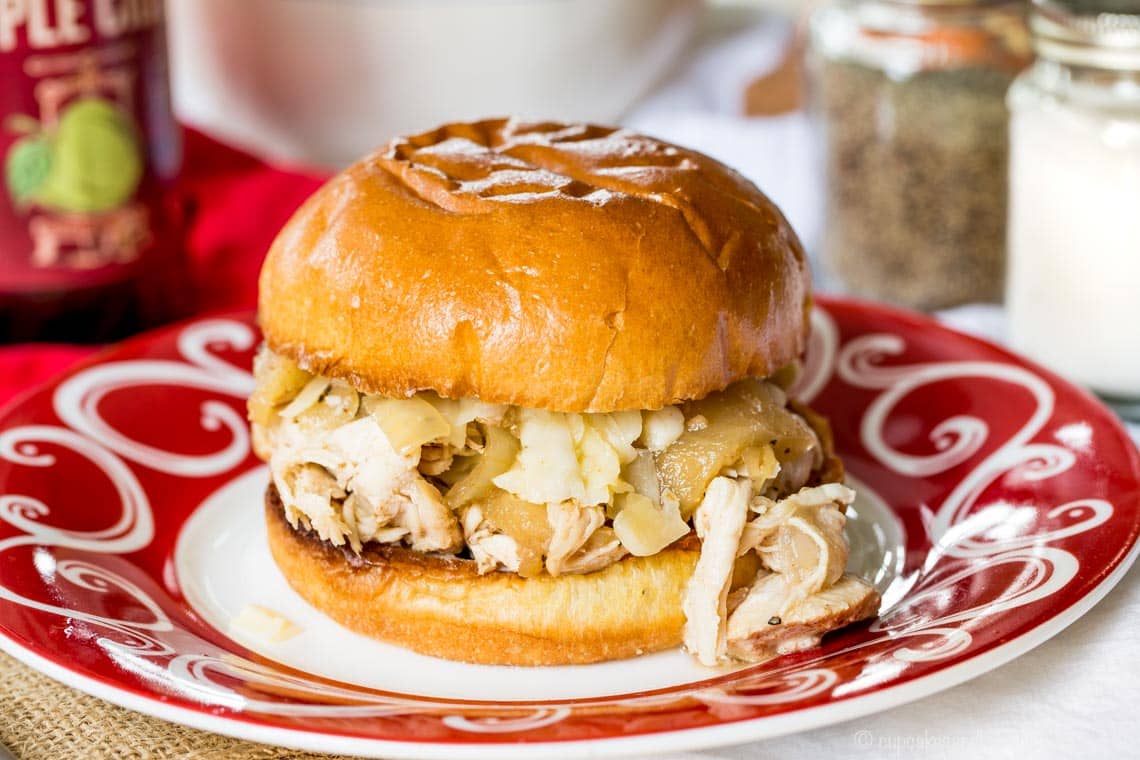 An apple cider pulled chicken sandwich on a plate.