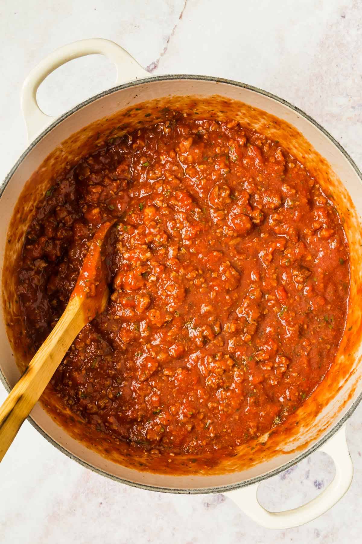 Meat sauce in a pot.
