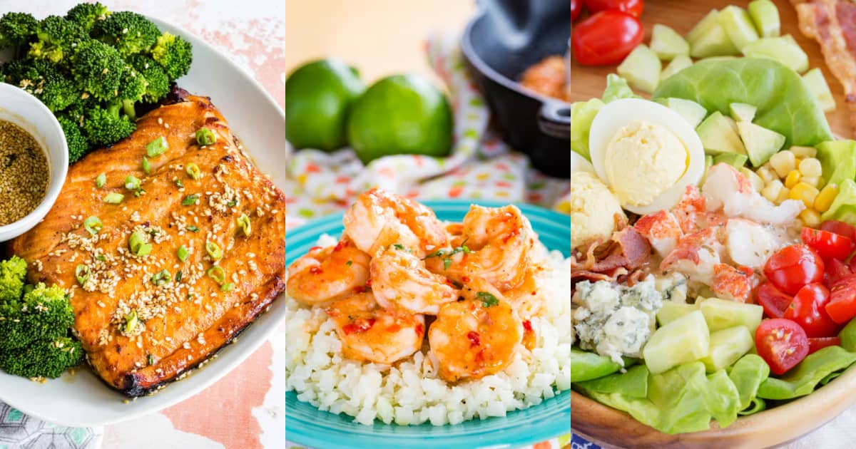 A collage of sesame glazed salmon, chili lime shrimp over rice, and a lobster cobb salad.