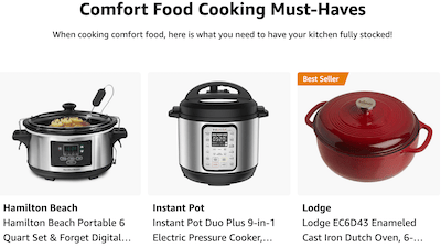 A screenshot of an Amazon list of "Comfort Food Cooking Must-Haves" with a slow cooker, Instant Pot, and Dutch Oven.