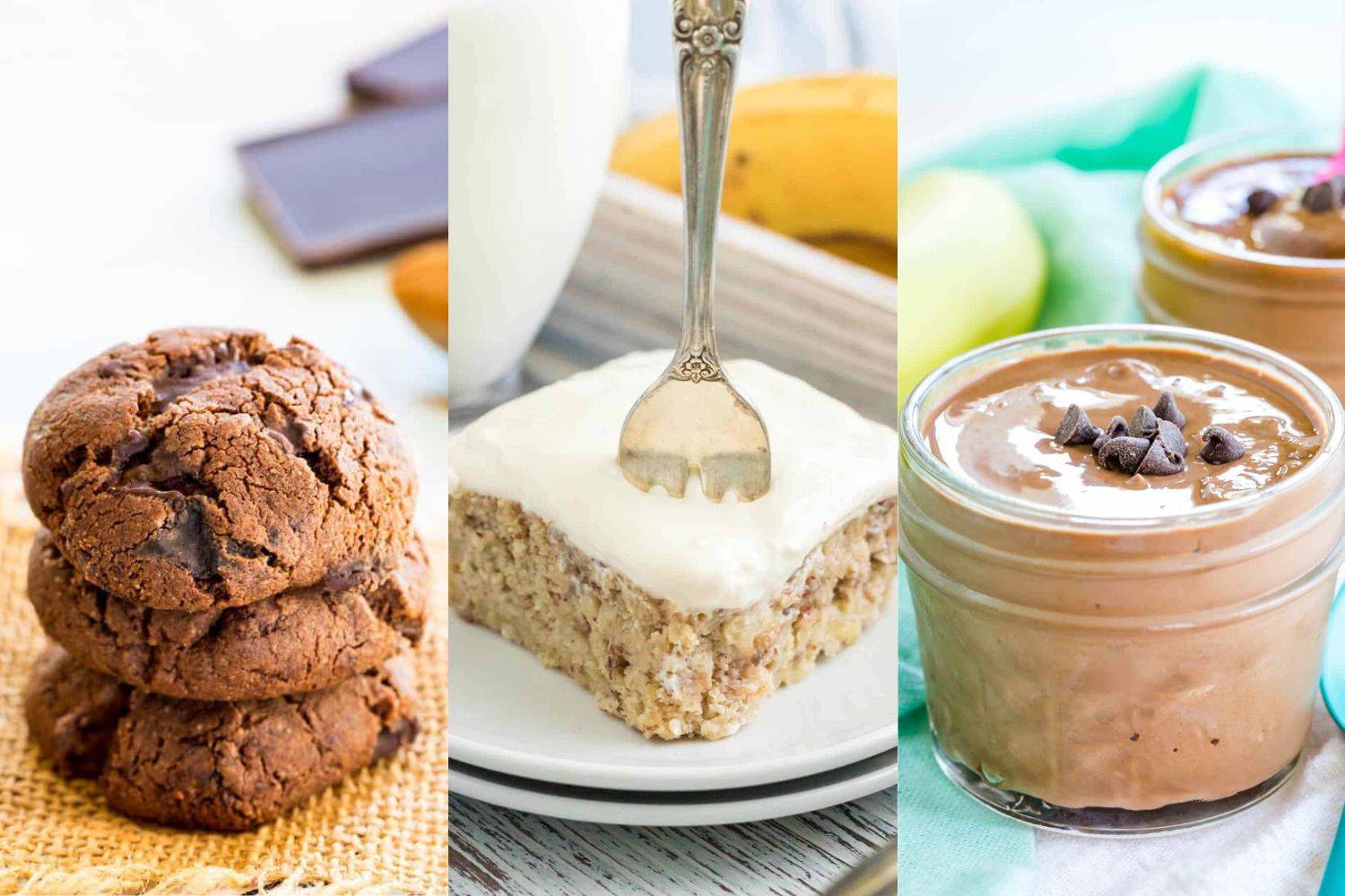 A collage of a stack of chocolate chunk cookies, a piece of banana cake with a fork in it, and a glass jar of chocolate pudding.