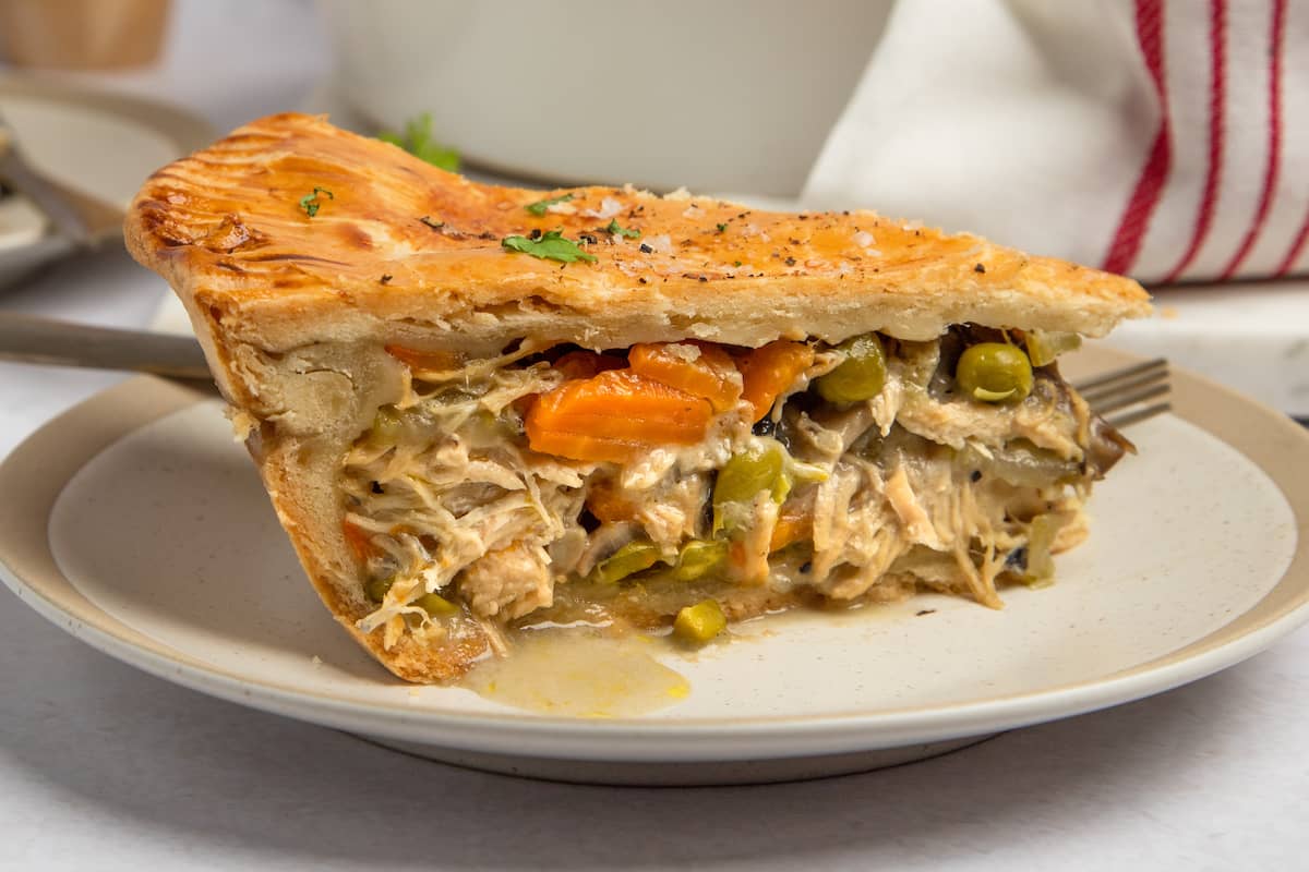 A slice of chicken pot pie.