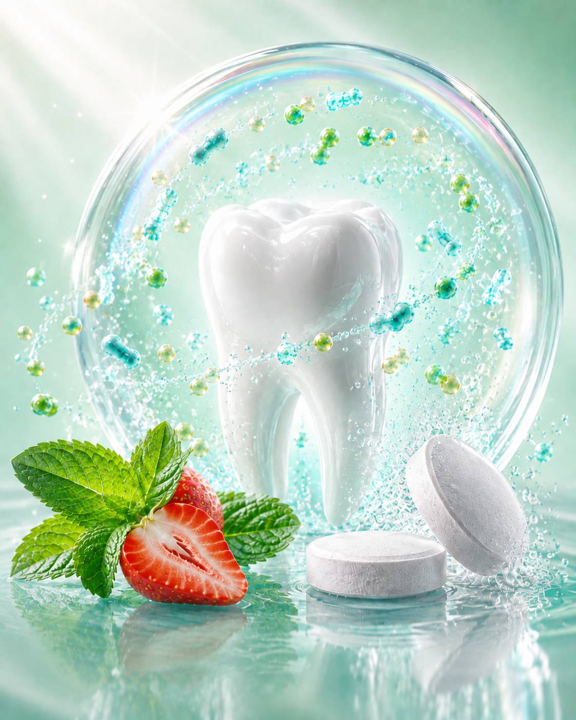 Illustration of a tooth surrounded by beneficial oral bacteria, with mint leaves, a strawberry and two dissolvable tablets