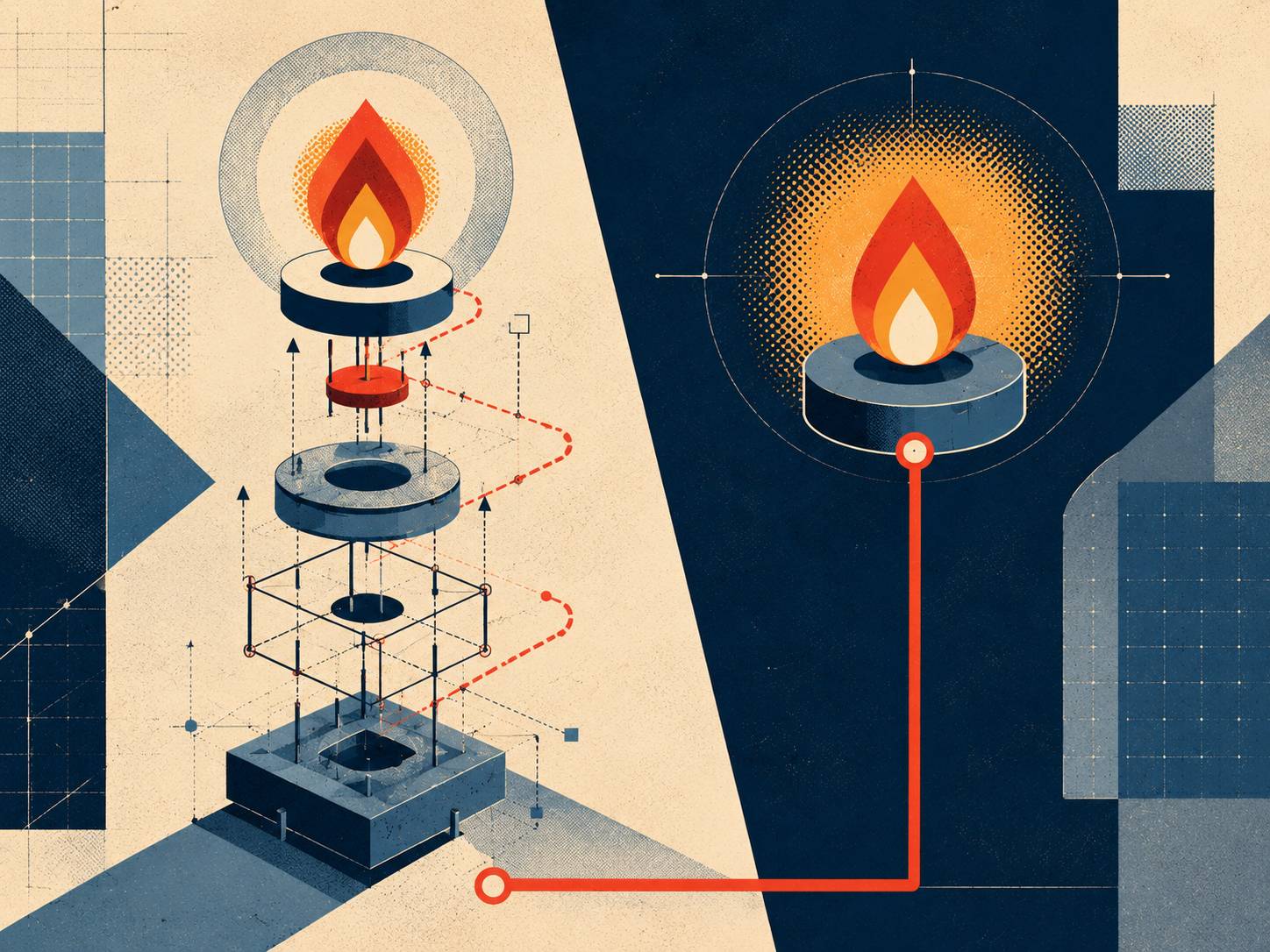 Abstract constructivist illustration showing two paths to the same flame. One side depicts a flame assembled through visible layers, structures, and construction steps, while the other shows an identical flame activated instantly by a single red line, rep