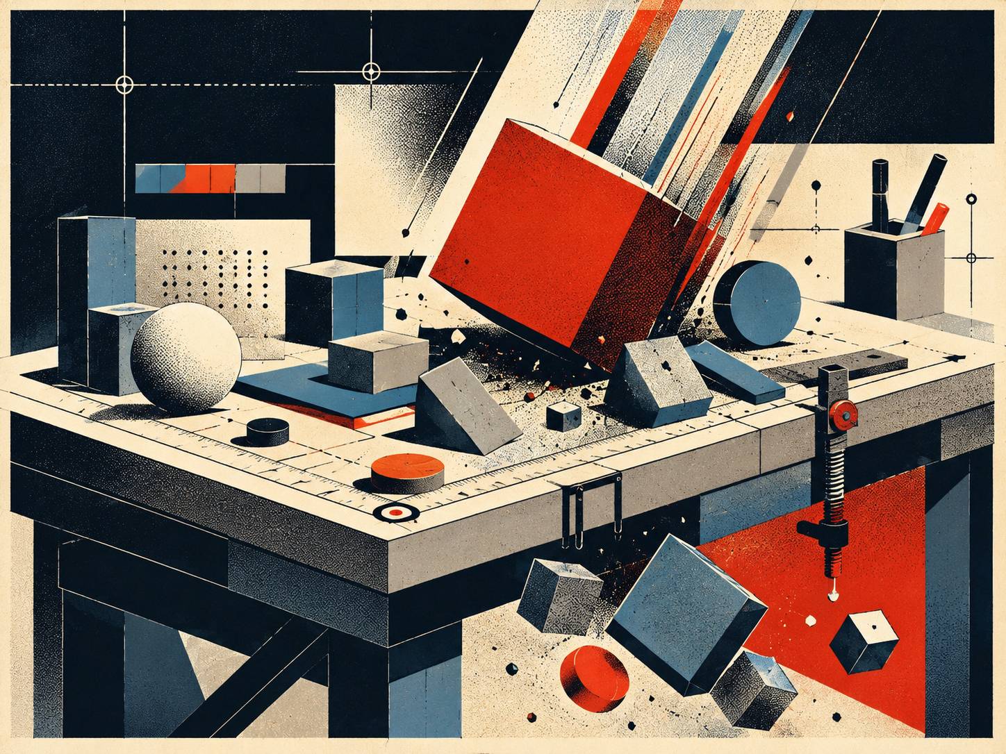 Abstract workbench illustration showing a large red block disrupting organized geometric shapes, representing how urgent work displaces planned priorities.