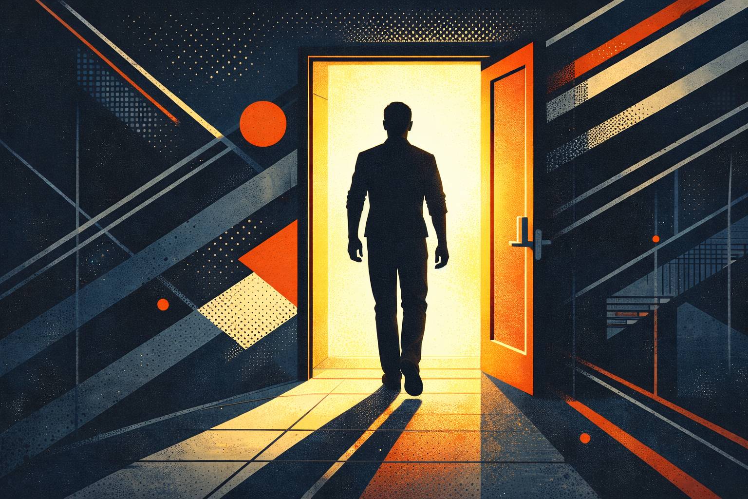 Abstract constructivist illustration of a geometric silhouette walking through an open doorway into bright light, symbolizing leaving a job on good terms and making a thoughtful career transition.