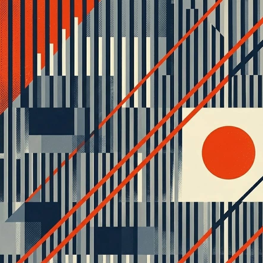 Constructivist illustration of dense repeating vertical bars beside a single bold circle in open space, representing the difference between visible activity and work that produces a real change.