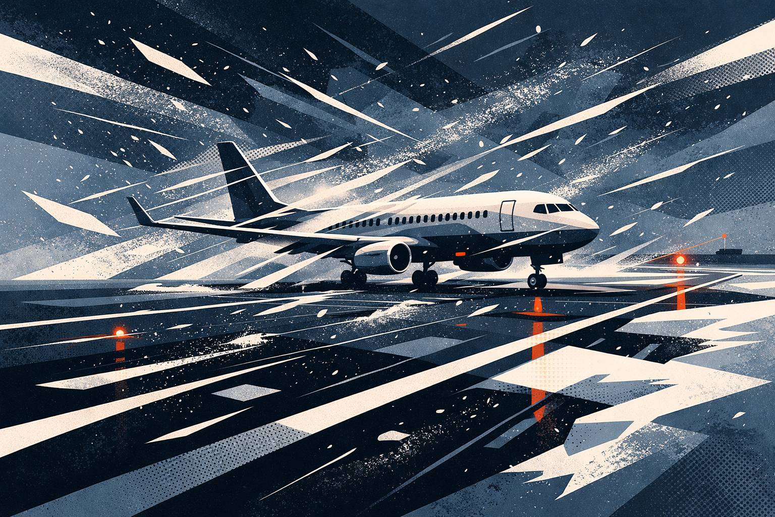 Abstract illustration of an airplane on a runway during a blizzard, representing problem solving and leadership under pressure when plans change.
