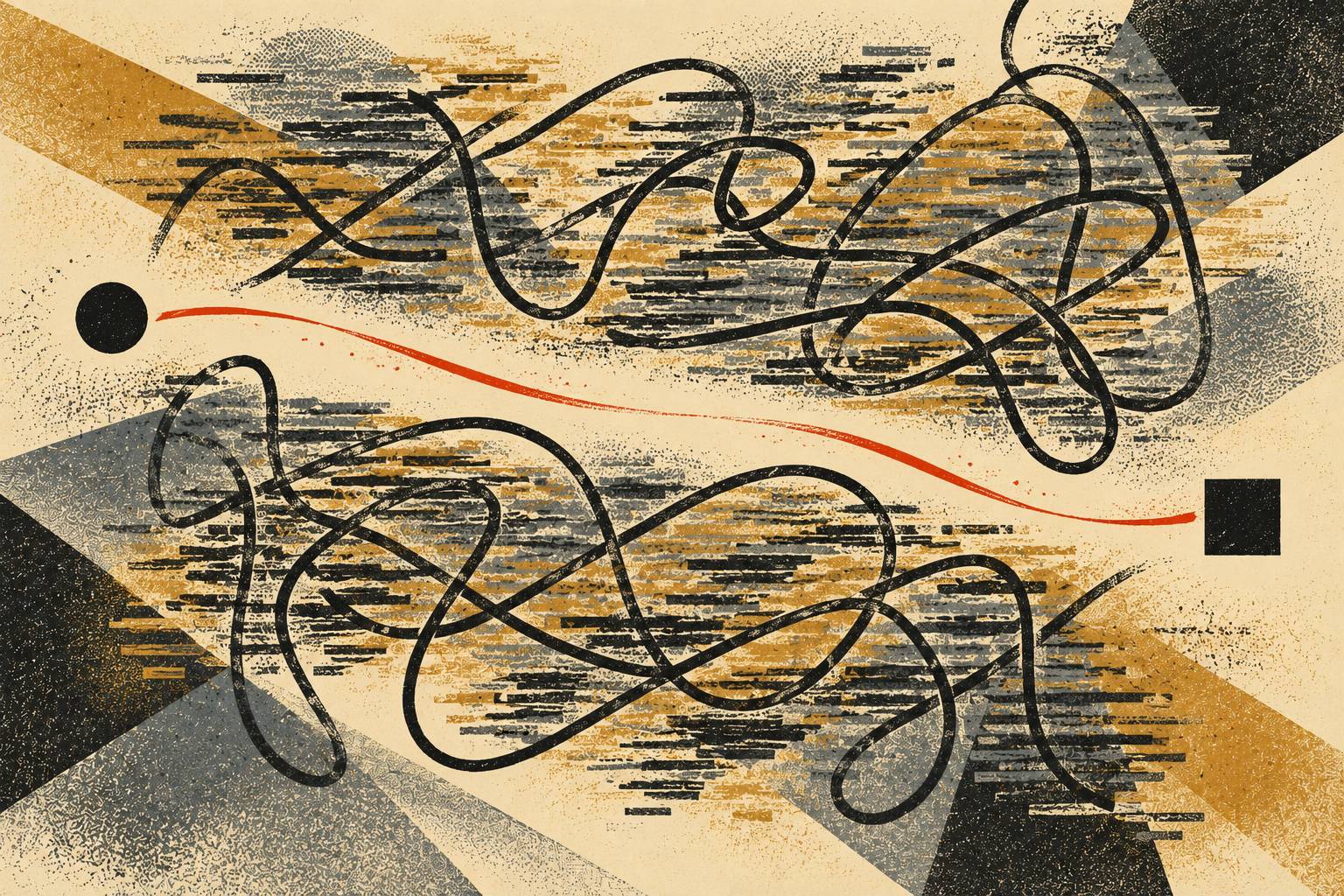 Constructivist illustration of a thin vermillion line running directly between a black circle and a black square while dense, tangled black loops crowd the space above and below it, representing how clear writing cuts through AI-generated filler.