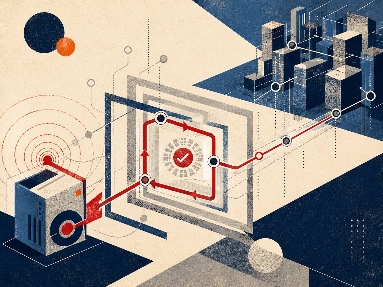 Abstract geometric illustration of a red alert signal looping through a local validation checkpoint before continuing toward a larger connected system, representing self-triage before escalating a problem.